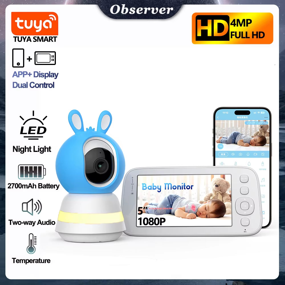 Ultimate 2K 4MP Smart Baby Monitor - 5-Inch Portable Display, APP Control, Cry Detection & Night Vision!